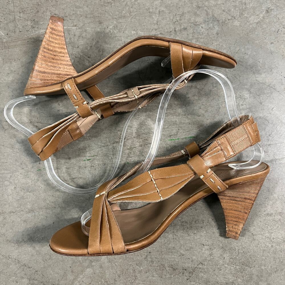Donald J. Pliner (8) Y2K Tavish Tan Leather Strappy Stack Wood Heel Sandal Shoes - Picture 3 of 14